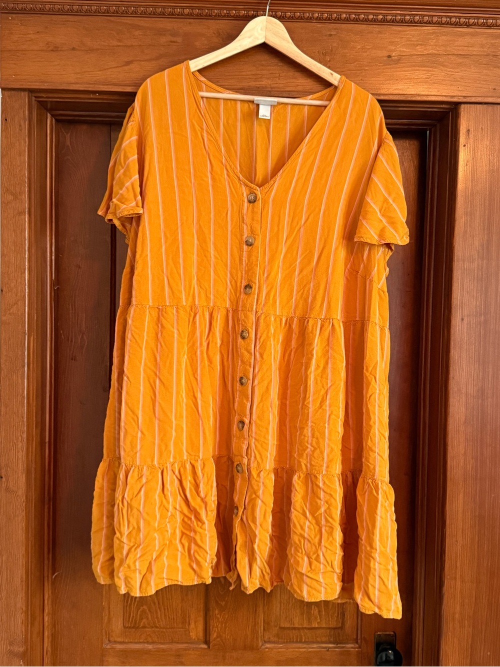 Ava & Viv Orange Striped Button-Front Tiered Casual Dress